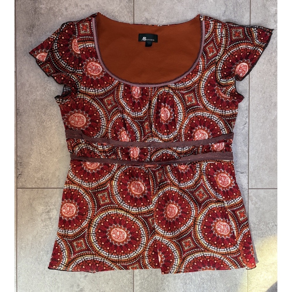 AB Studio Y2K Babydoll Top Women's Size L Red Paisley Boho Feminine Romantic